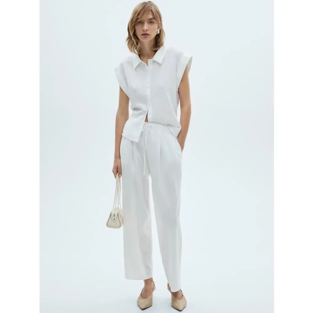 Mango Co-Ord Linen Set Flowy Pants and Blouse New
